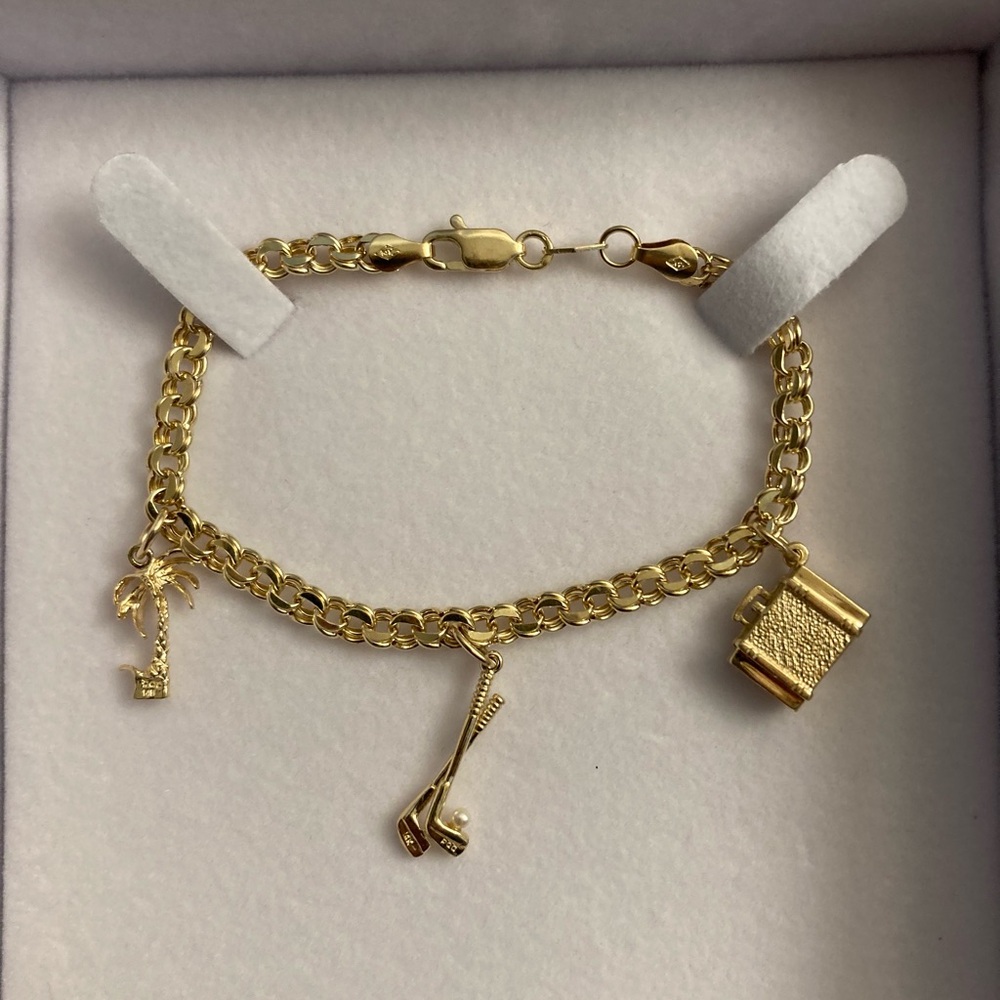 14K Solid Yellow Gold Double Link Charm Bracelet - 7 inches - 3 charms